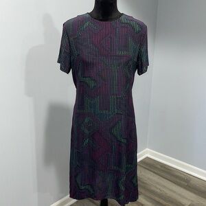 KENZO PARIS Silk Dress Size EU 42 Geometric Matrix Multicolor Pattern On Black